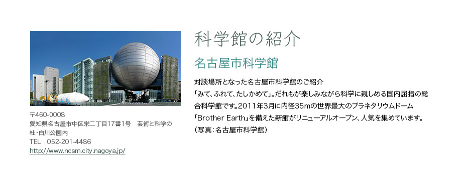 科学館の紹介　名古屋市科学館　対談場所となった名古屋市科学館のご紹介　「みて、ふれて、たしかめて」。だれもが楽しみながら科学に親しめる国内屈指の総合科学館です。2011年3月に内径35mの世界最大のプラネタリウムドーム「Brother Earth」を備えた新館がリニューアルオープン、人気を集めています。（写真：名古屋市科学館）　〒460-0008　愛知県名古屋市中区栄二丁目17番1号　芸術と科学の杜・白川公園内　TEL　052-201-4486