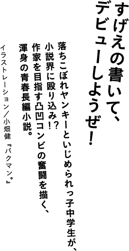 青少年のための小説入門 すげえの書いて、デビューしようぜ！落ちこぼれヤンキーといじめられっ子中学生が、小説界に殴り込み！？作家を目指す凸凹コンビの奮闘を描く、渾身の青春長編小説。イラストレーション／小畑健